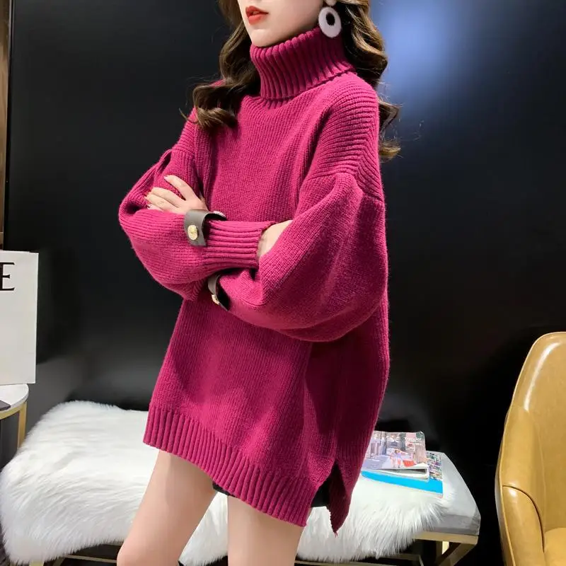 

Fashion Turtleneck Sweater Women Thick Mid-length Section Autumn and Winter New Korean Loose Retro Knitted Pullover D15460