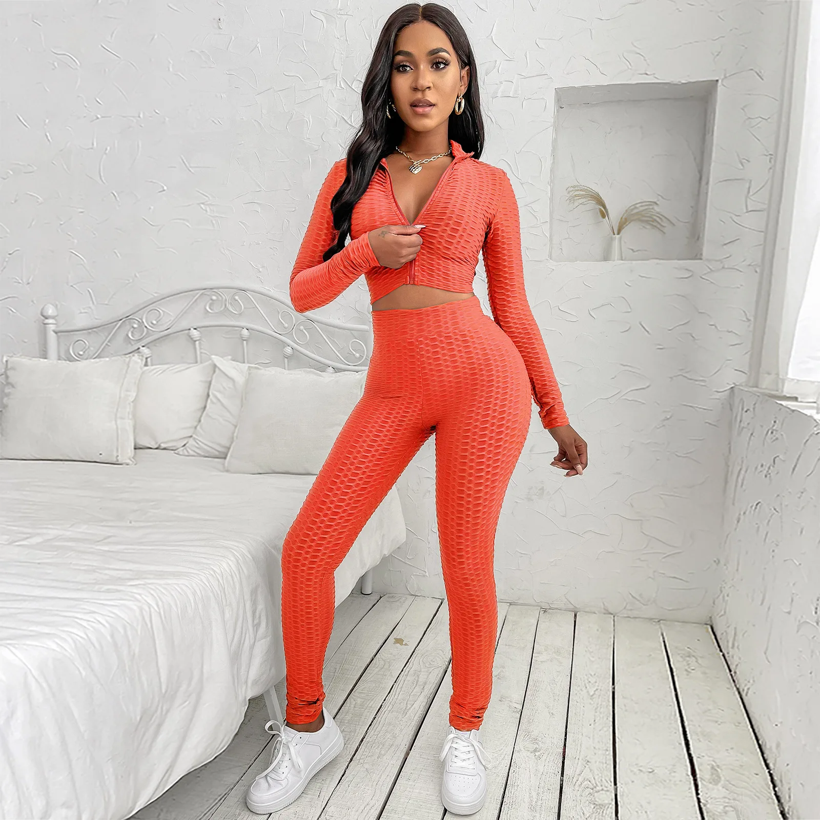 

Women 2 Piece Set Fashion Casual Crop Tops and Skinny Pants Solid Color Outfit Pineapple Plaid Fashion Casual Female Sports Set