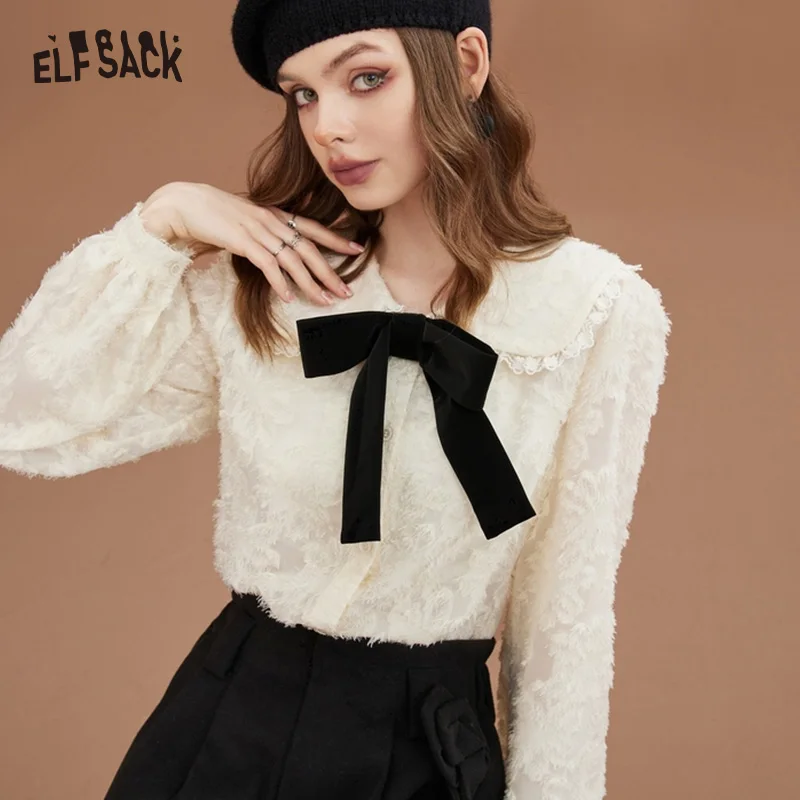 

ELFSACK Peter Pan Collar Chiffon Blouses Women 2022 Autumn/Winter Short Basic Daily Tops