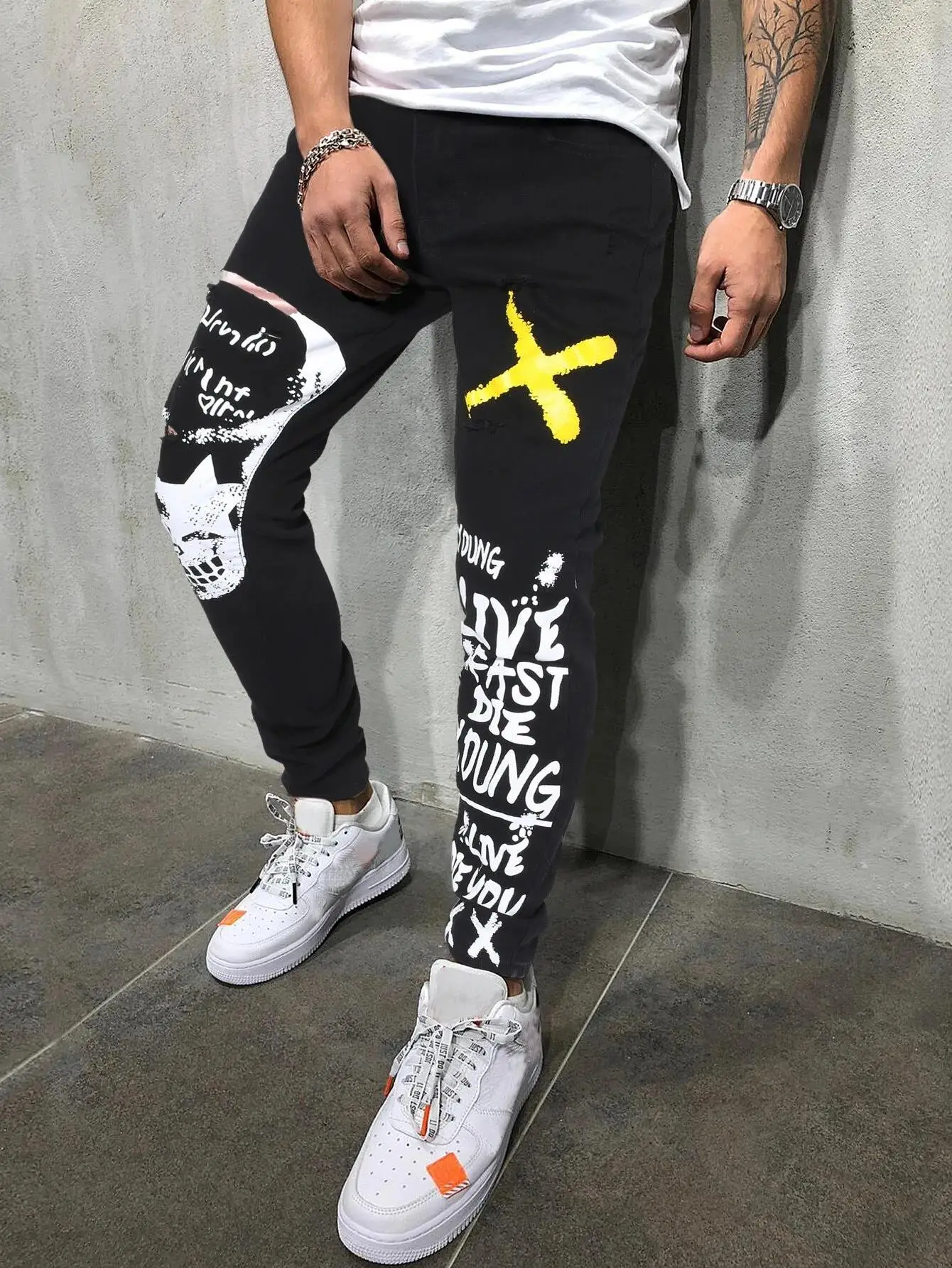 

Men's Print Ripped Stretch Denim Black Skinny Jeans Fashion Y2K Streetwear Fancy Color Letters Painted Tapered Pencil Pants