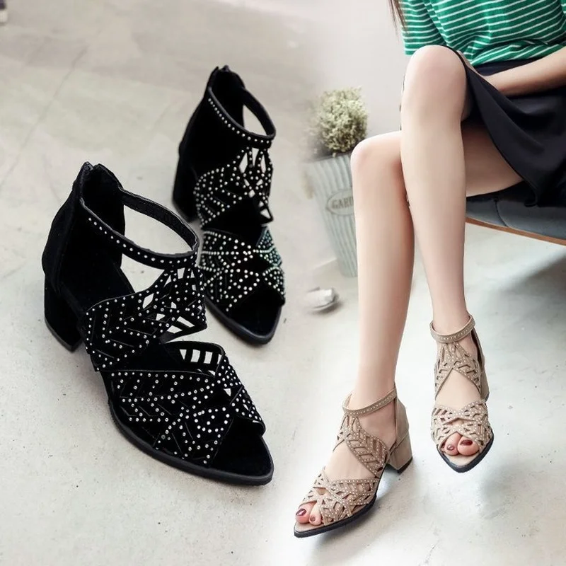 

New hollow rhinestone fish mouth large size sandals thick heel high heel women's sandals women's shoes open toe shoes