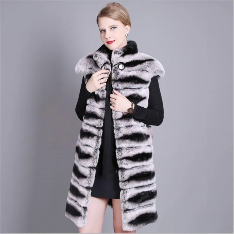 90CM Women Real Rex Rabbit Fur Vest Stand Collar Natural Chinchilla Color Rabbit Fur Waistcoat Sleeveless Jacket