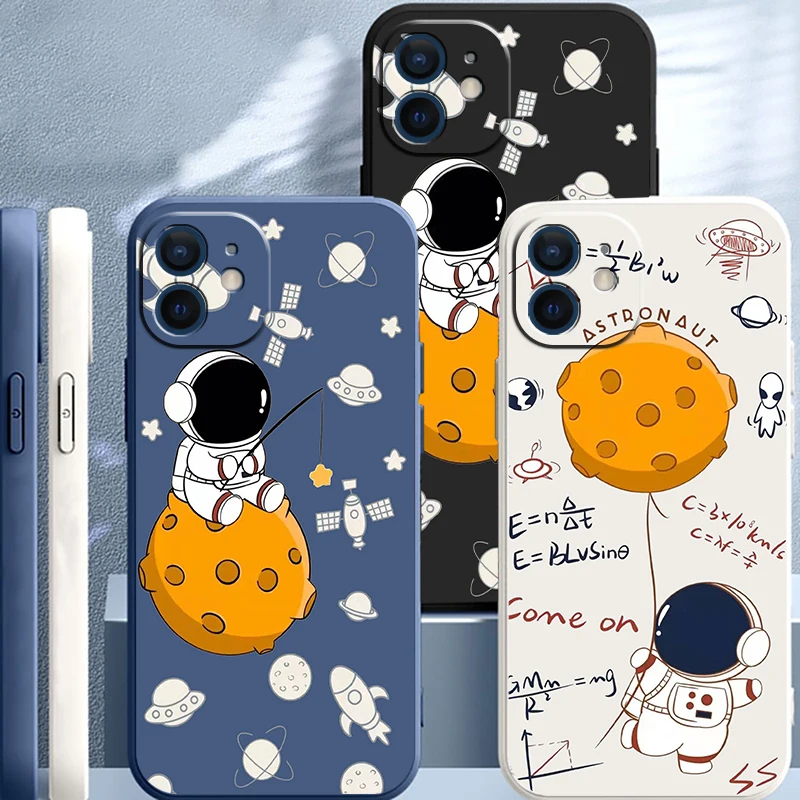 

Liquid Silicone Cases For iPhone 11 12 13 Pro Mini Max SE 2020 X XR XS Max 8 7 6s 6 Plus Creative Astronaut Phone Funda Cover