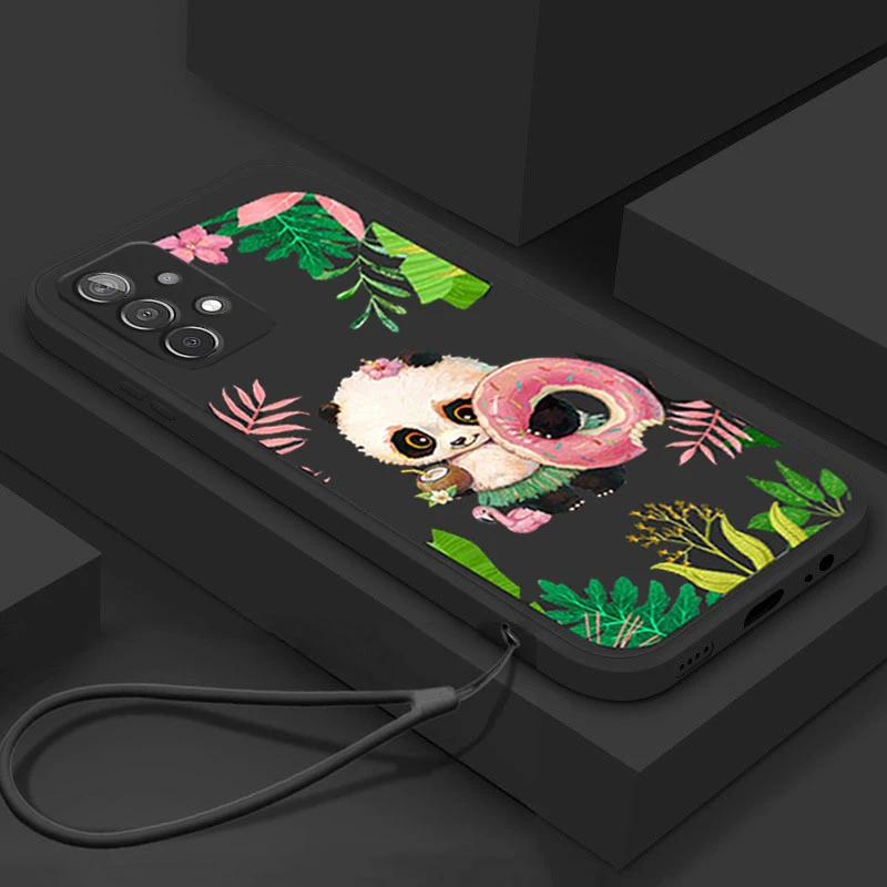 

Hand Lanyard Case For Samsung Galaxy S22 Ultra S21 Plus S20 FE Note 20 A13 A23 A53 5G Fashion Flower Panda Shockproof Soft Cover