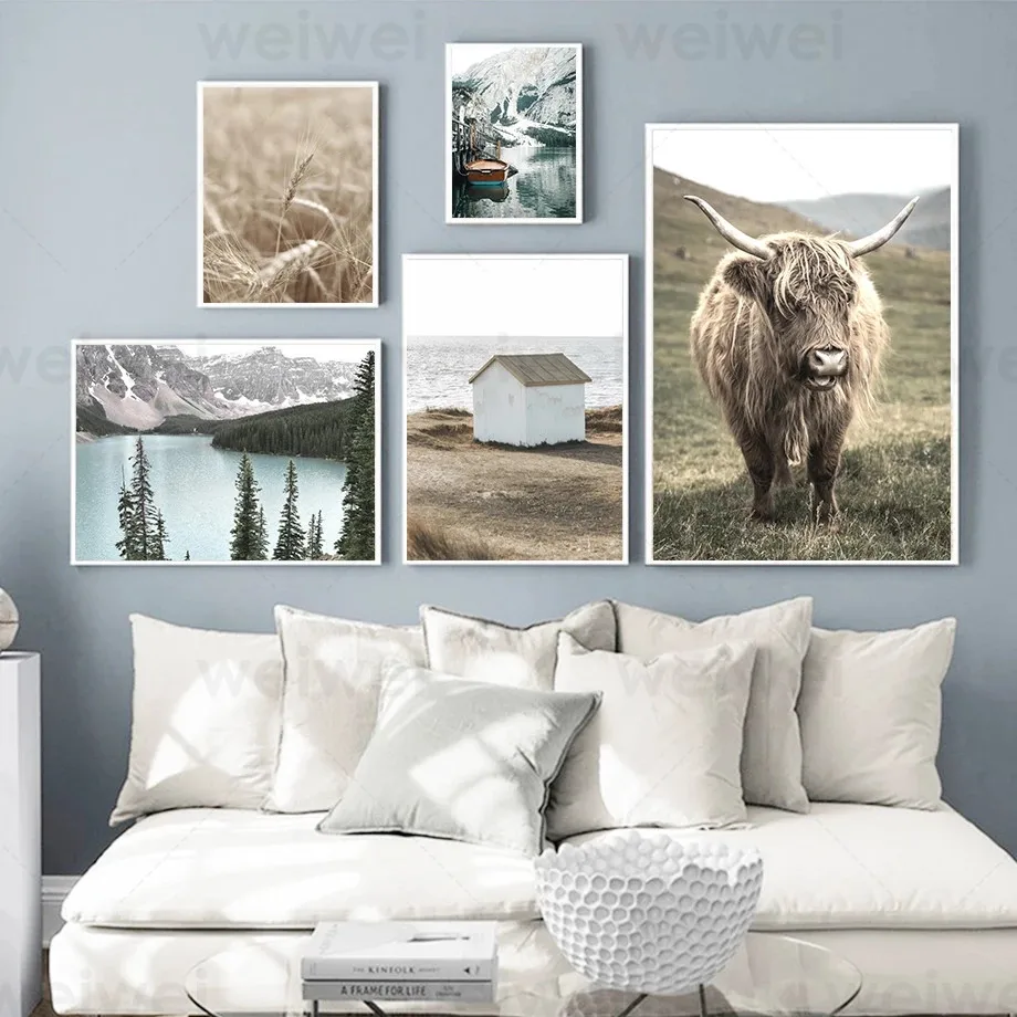 

Highland Cattle Pine Mountain Lake Boat Wall Art Canvas Painting Nordic Poster and Print Pictures for Living Room Home Decor