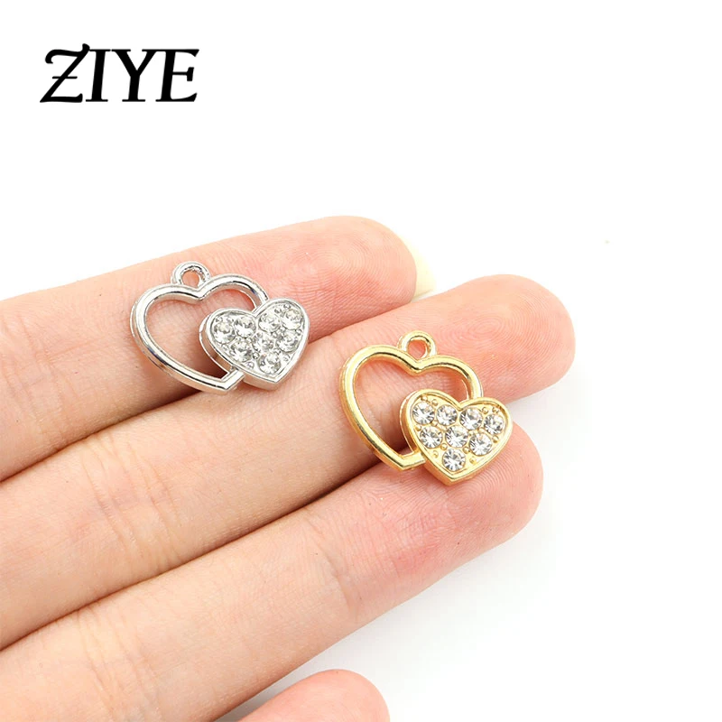 

10pcs Fashion Openwork Heart Shaped Crystal Rhinestone Charms Silver/Gold Color Geometry Alloys Pendants for Making Jewelry DIY