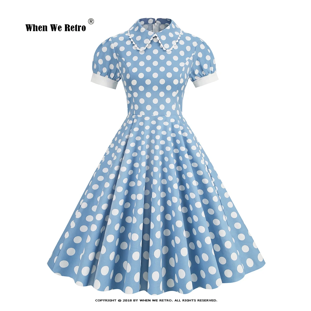 

1950s Polka Dot Print Hepburn Vintage Dress Short Puff Sleeve Pin Up Prom Peter Pan Collar A Line Swing Elegant Dress VD3785