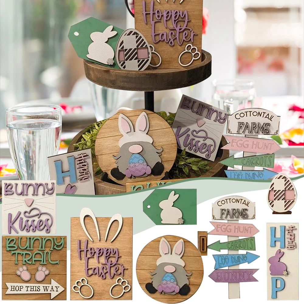 

Bunny Sign Easter Tray Bundle Kit Festival Ornament Wooden Statue Home Decor Self-Arrange for Table Farmhouse Style Dropship