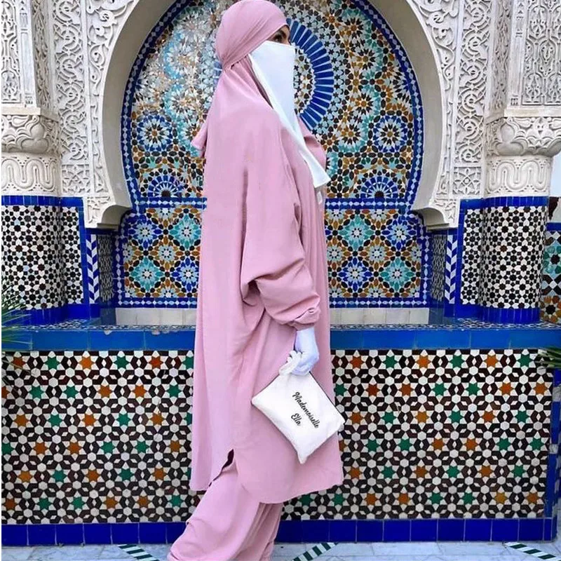 Ramadan musulmano jilbab 2 pezzi set preghiera Hijab vestito indumento abaya per le donne nero copertura completa lungo khimar Islam vestiti modesti