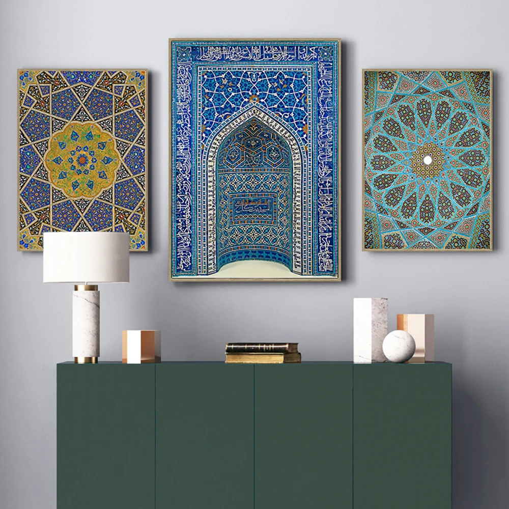

Moroccan Blue wall art Vintage Prints Ceiling Hafez Tomb Retro Modern Mosque Persian Canvas Painting Pictures Home DecorPosters