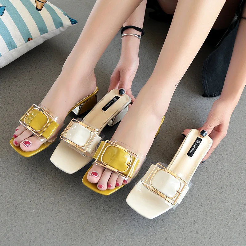 

Summer Slippers for Women Shoes Peep Toe Pu Leather High Heels Ladies Casual White Comfort Medium Heel Sandals Mules 39