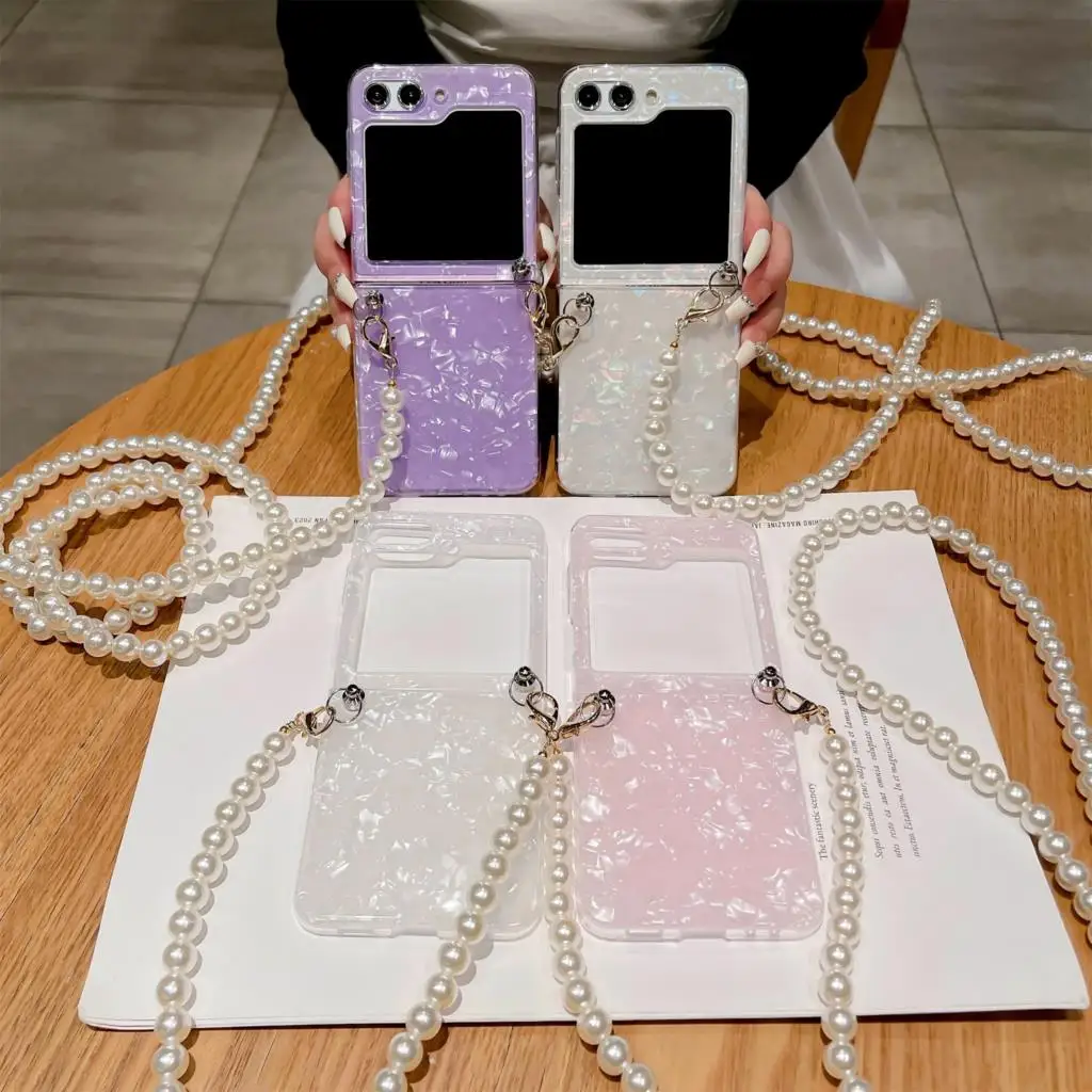 

Luxury Girl Shell Crossbody Lanyard Long Pearl Chain Phone Case for Samsung Galaxy Z Flip 3 Z Flip4 Zflip5 Shockproof Cover