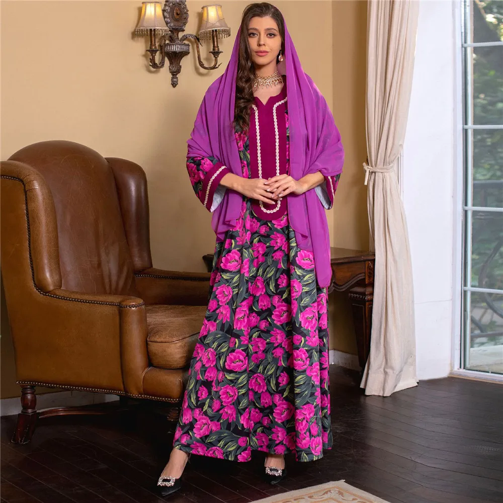 

Ramadan Muslim Floral Print Abaya Hijab Maxi Dress Turkey Arab Dubai Kaftan Islam Jalabiya Caftan Morocco Party Abayas Clothing