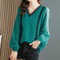 green polka dot shirt womens summer thin 2022 new fashion top blouses for women chiffon print casual