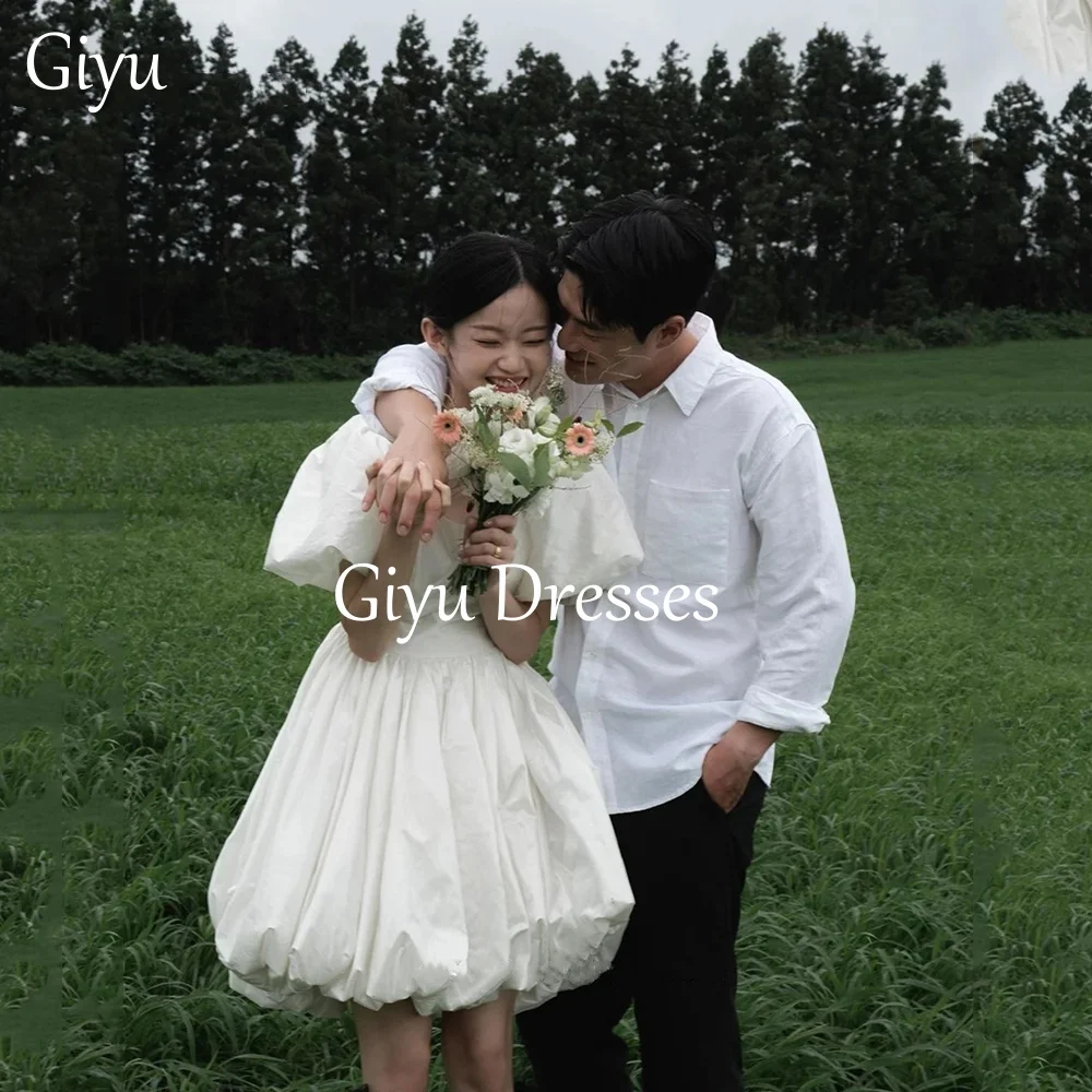 Giyu Простые белые мини-свадебные платья трапециевидной формы Корейская