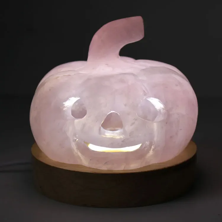 

Wholesale Price Hand Carved Natural Rose Quartz Crystal Halloween Pumpkin Lamp