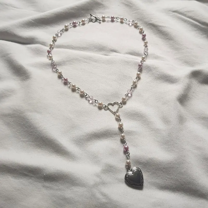 

Beautiful pearl locket pendant rosary silver charm alternative alt cute beaded hand assembled pastel fairy core