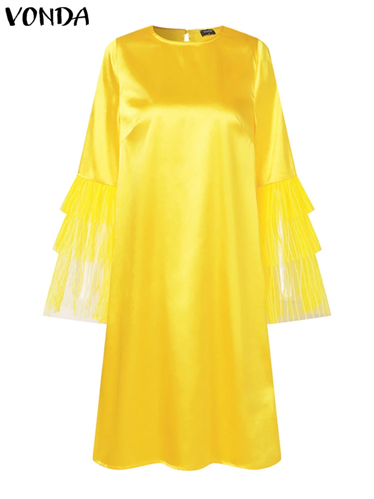 Женское платье-мини VONDA 2024 богемное атласное шелковое платье с длинным рукавом и
