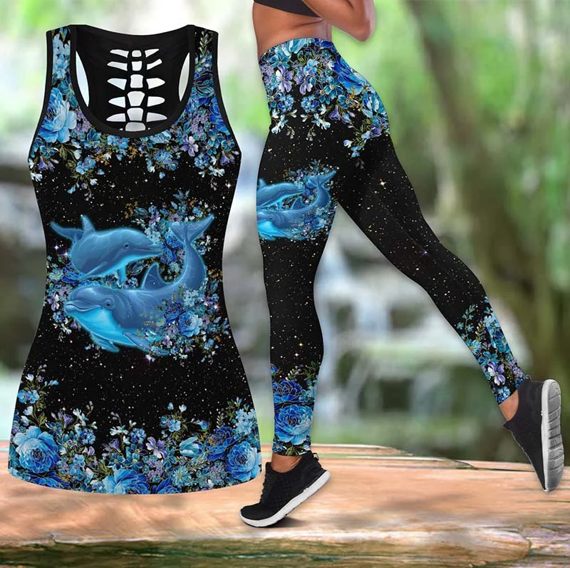 Summer New Dolphin 3D Print Sleeveless Shirt Summer Vest for Women Plus Size Yoga Tank Tops Leggings Suit