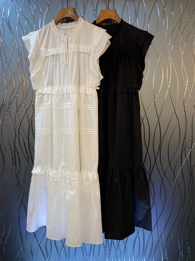 

2023 new women fashion flying sleeves neckline tie simple and generous long dress dress 0615