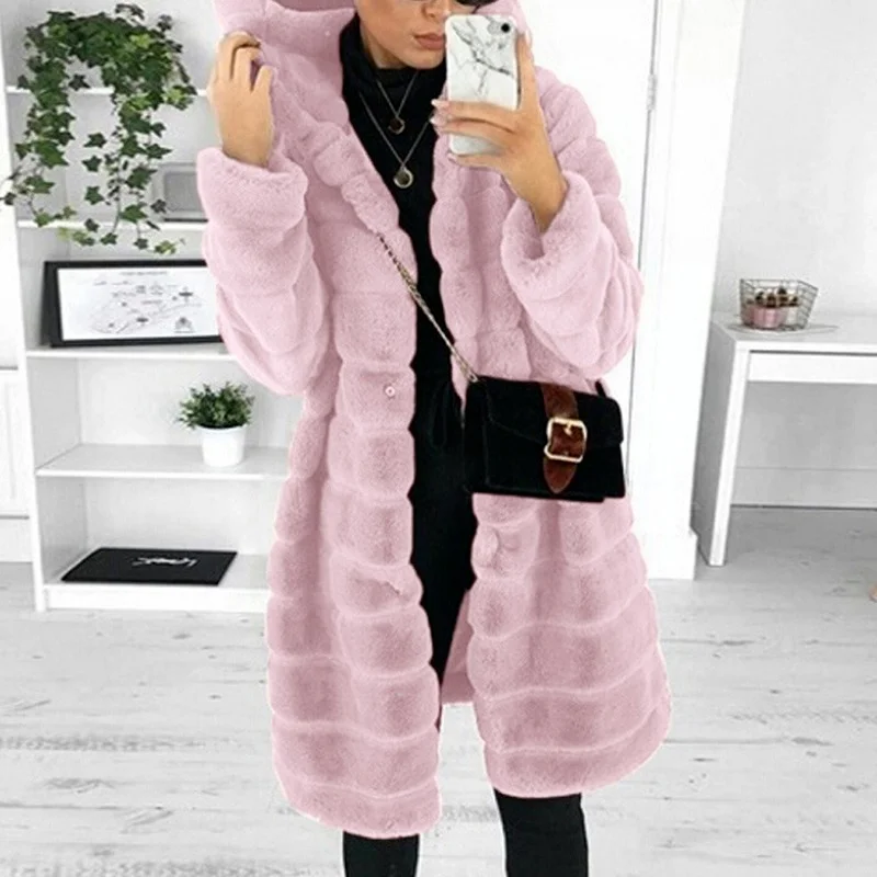 Fashion Retro Imitation Mink Fur Long Coats Outcoats Women Solid Colors Hooded Faux Fur Coats Big Pocket Casual Commute Outwears