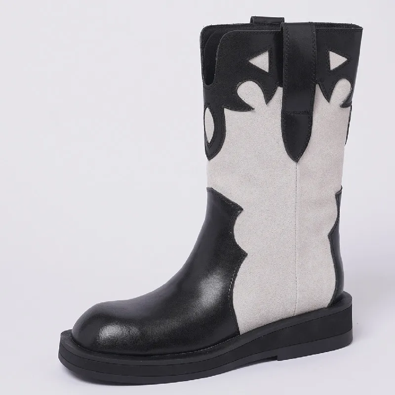 

Dilalula Autumn Winter Women Mid-Calf Boots Mixed Colors Genuine Leather Low Heels Casual Shoes Woman Fashion Cool Western Boots