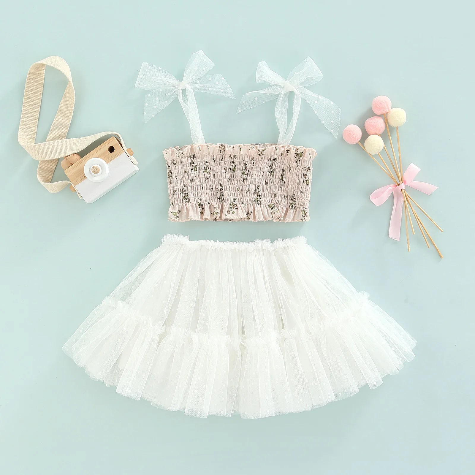 

Летняя юбка для маленьких девочек, наряд, короткий топ без рукавов на бретельках с оборками и цветочным принтом, жилет, юбка-пачка из тюля с в...