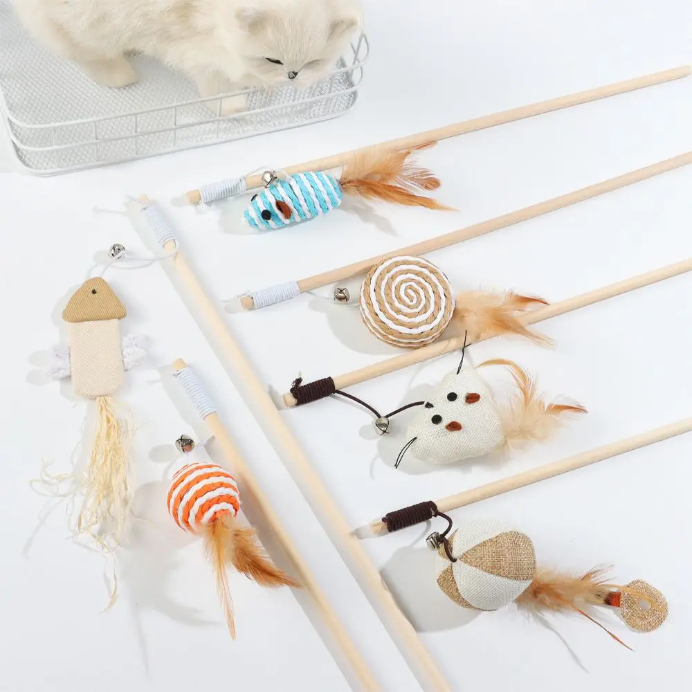 

Accessories With Mini Bell Wooden Stick Hemp Rope Cat Catcher Teaser Rod Mouse Toy Pet Cat Teaser Toys Cat Funny Wand