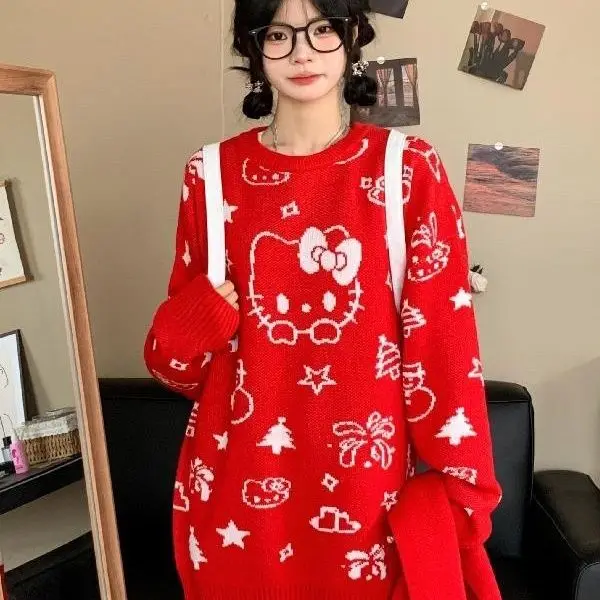 

Женский свитер с рисунком Sanrio, Hello Kitty, пуловер, вязаный зимний свободный женский свитер с длинным рукавом, Модный женский свитер