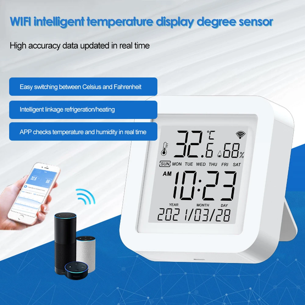 

Smart Temperature And Humidity Sensor For Smart Home Work WiFi Wireless Temperature And Humidity Sensor