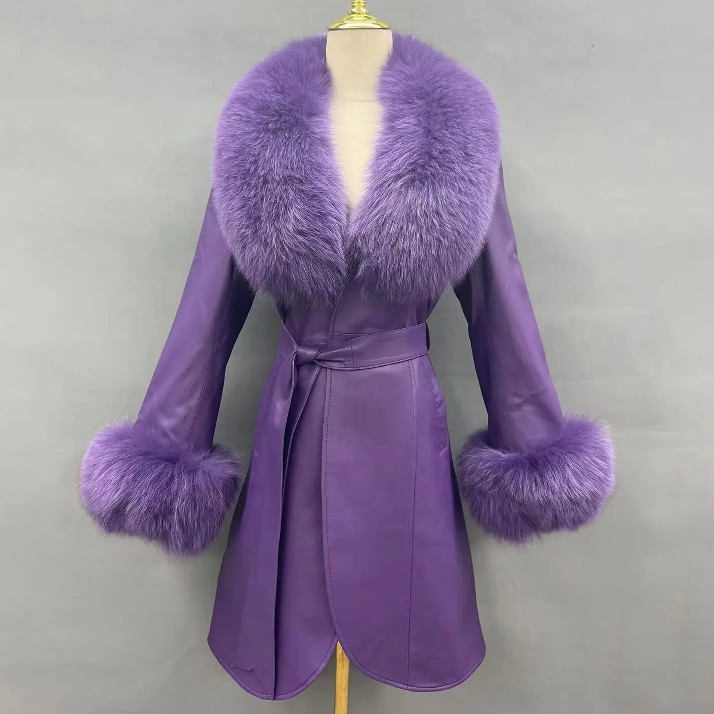 JANEFUR Genuine Leather Jacket with Fox Fur Collar Women 2023 Elegant Luxury Belted Real Sheepskin Long Coat for Ladies