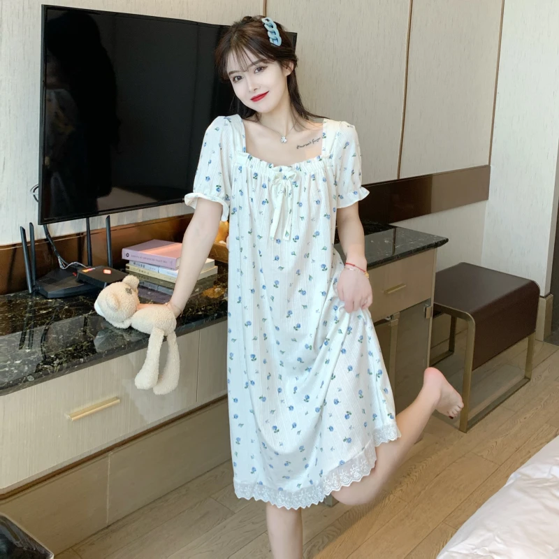 

Summer Floral Cotton Nightdress Sweet Princess Short Sleeve Women Nightgowns Square Collar Home Sleep Dress Nylon Lace Nightwear