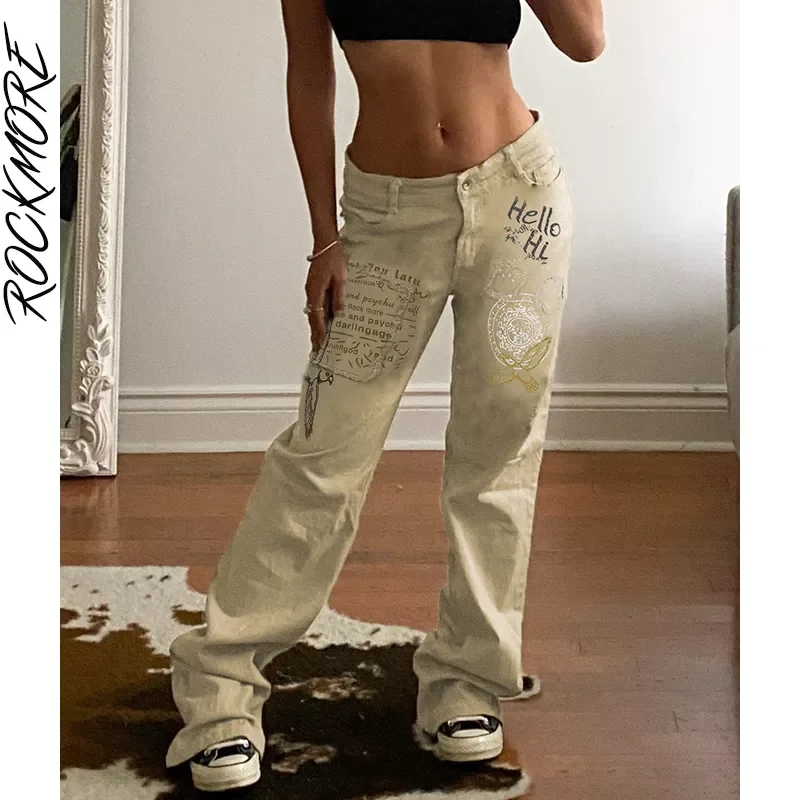 

New2022 Vintage Print Straight Jeans Women's Baggy Cargo Pants Streetwear Casual Low Waist Y2K Harajuku Denim Trousers Korea