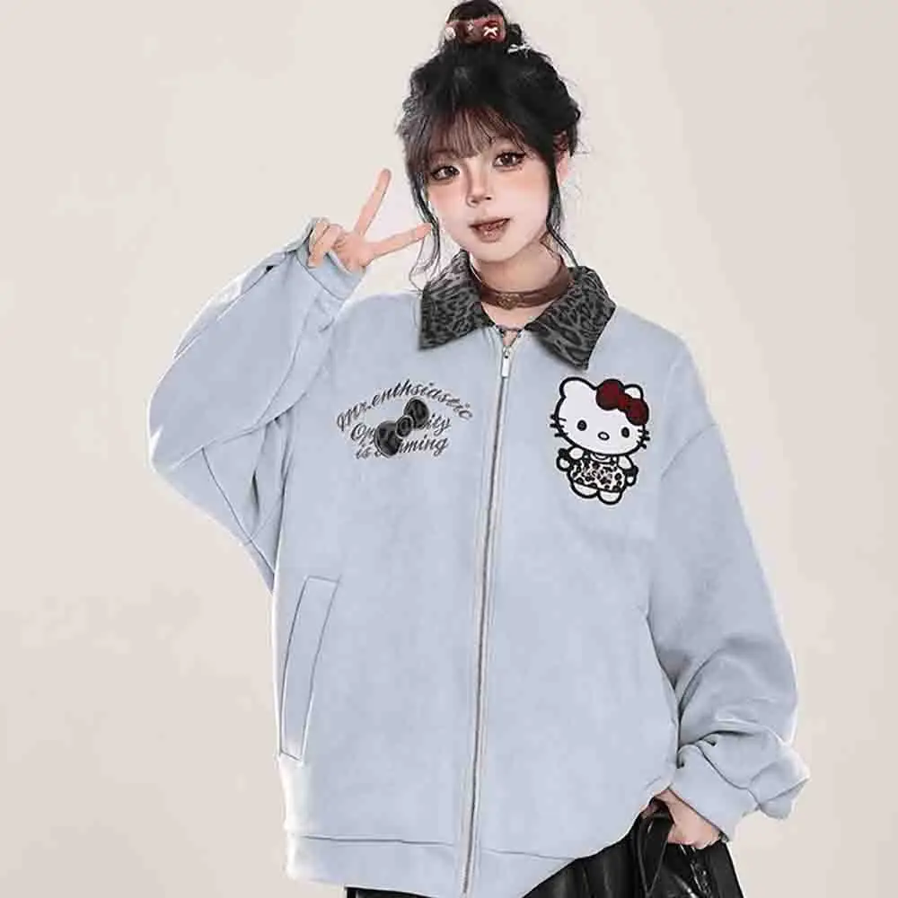 Фото Куртка Sanrio Hello Kitties Y2K с принтом, спортивная одежда с воротником, женская осенне-зимняя толстая свободная модная куртка с вышивкой №5