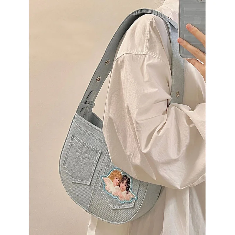 

Fashion Retro American Angel Denim Women's Bag Shoulder Bag Baseball Handbag Coin Purse Large Capacity Cute Side Bags