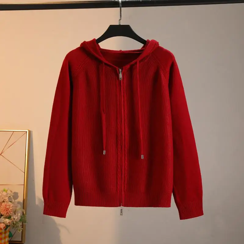 Толстовка на молнии с красным капюшоном осенне-зимний свободный вязаный свитер
