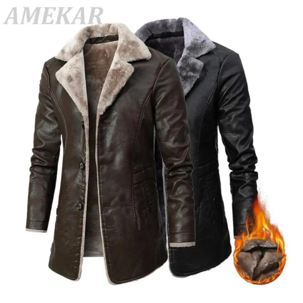 Men Long Fleece Leather Jacket Winter New Casual Thick Parkas Male Outfit Warm Vintage Pocket Breasted Faux Leather Jackets Coat
