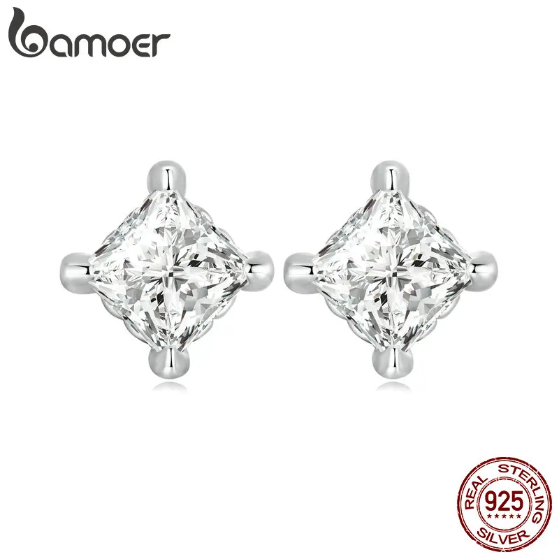 

Bamoer 925 Sterling Silver Simple Square Zircon Stud Earrings for Women Trendy Shining Ear Studs Fine Jewelry Gift BSE664