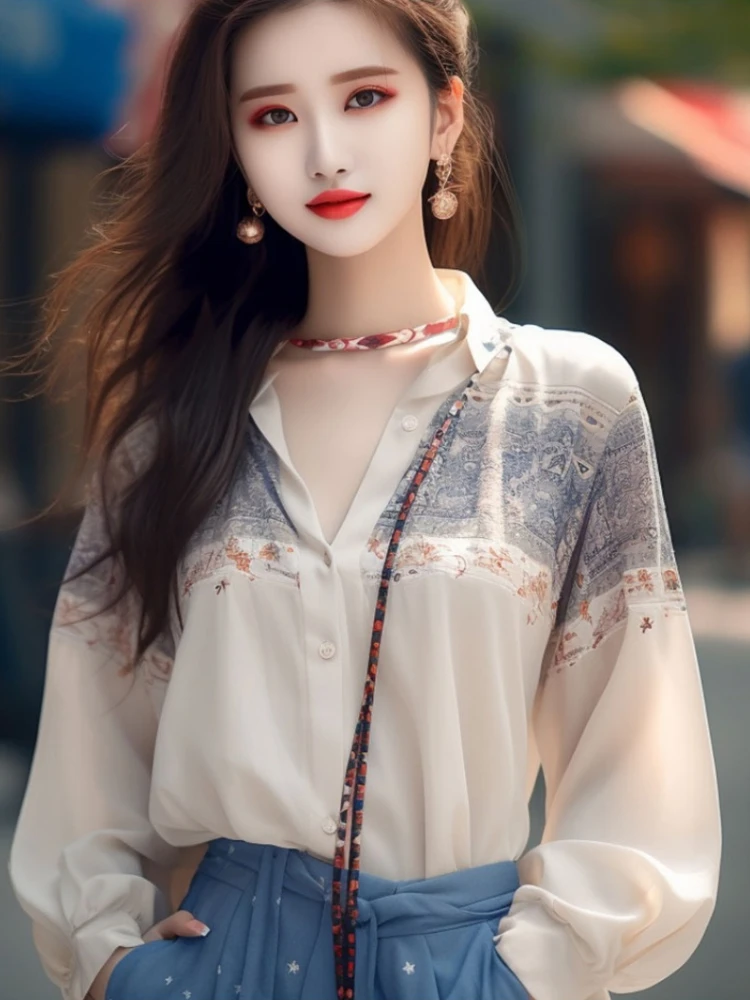 Рубашка Женская атласная с длинным рукавом шелковая блузка свободного покроя в