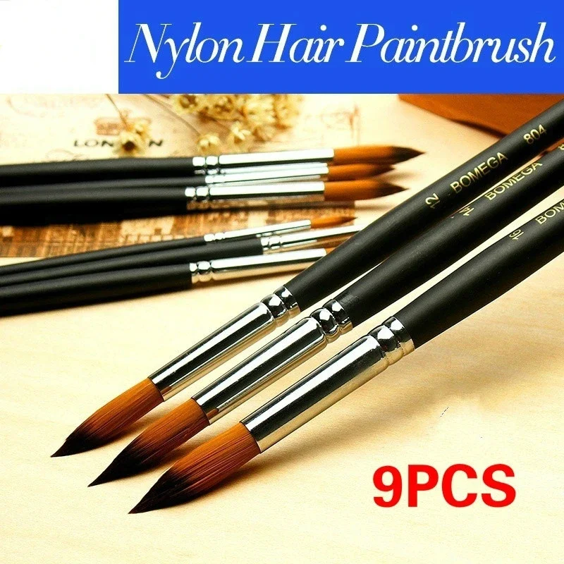 

9pcs Long Handle Nylon Watercolor Brush Gouache Acrylic Painting Brushes Pen Pintura Art Supplies Artist Accessories Stationery