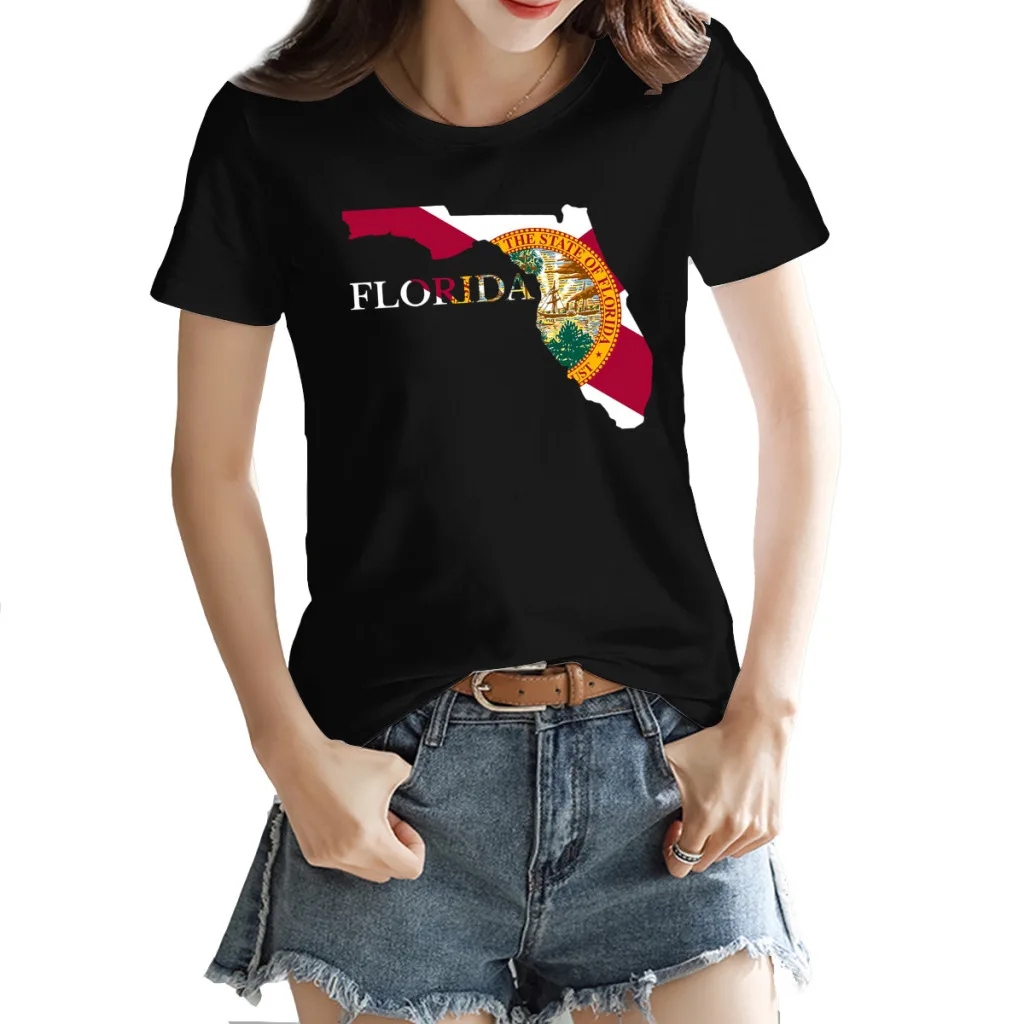 

Florida Map flag Women's T-shirt Creative Black NerdRound neck Tees Tops European Size