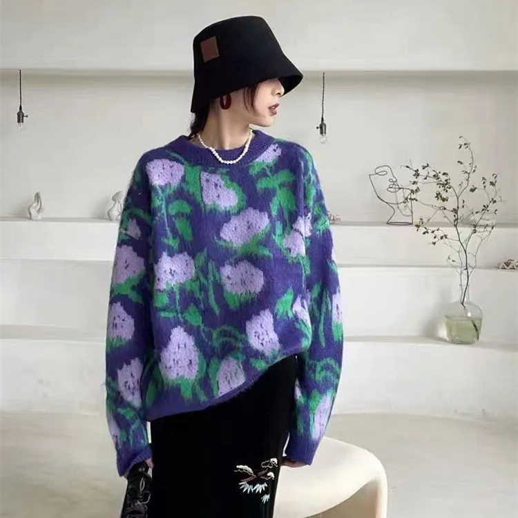 

Пуловер с цветочным принтом в стиле ретро, женский свитер, новинка 2021, корейский Свободный пуловер фиолетового и зеленого цвета для осени и ...
