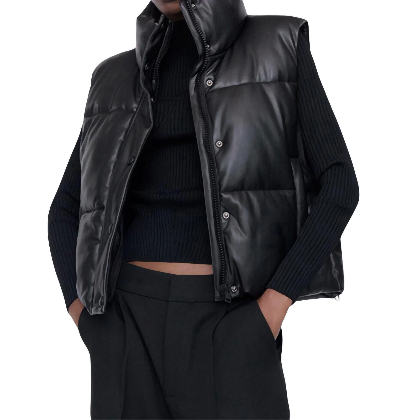 

FUFUCAILLM Women's PU Leather Puffer Vest Stand Collar Padded Vest Sleeveless Quilted Jacket Winter Warm Outerwear Puffer Gilet