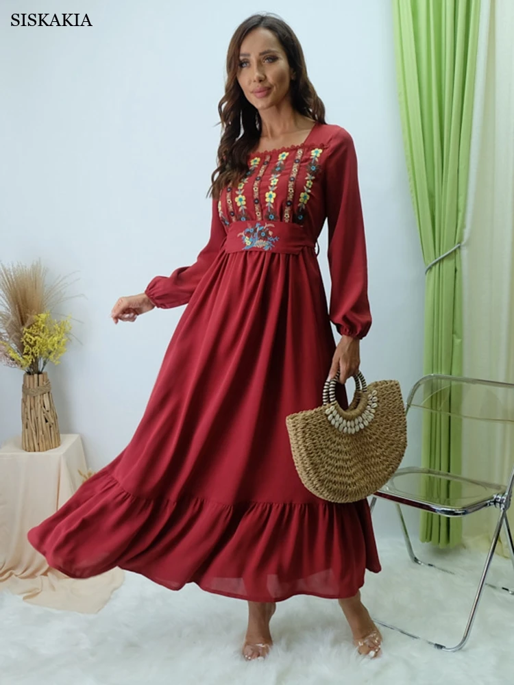 

Abayas For Women Dubai 2022 Floral Embroidery Belted Kaftan Square Neck Long Dress Turkey Oman Muslim Women Clothing