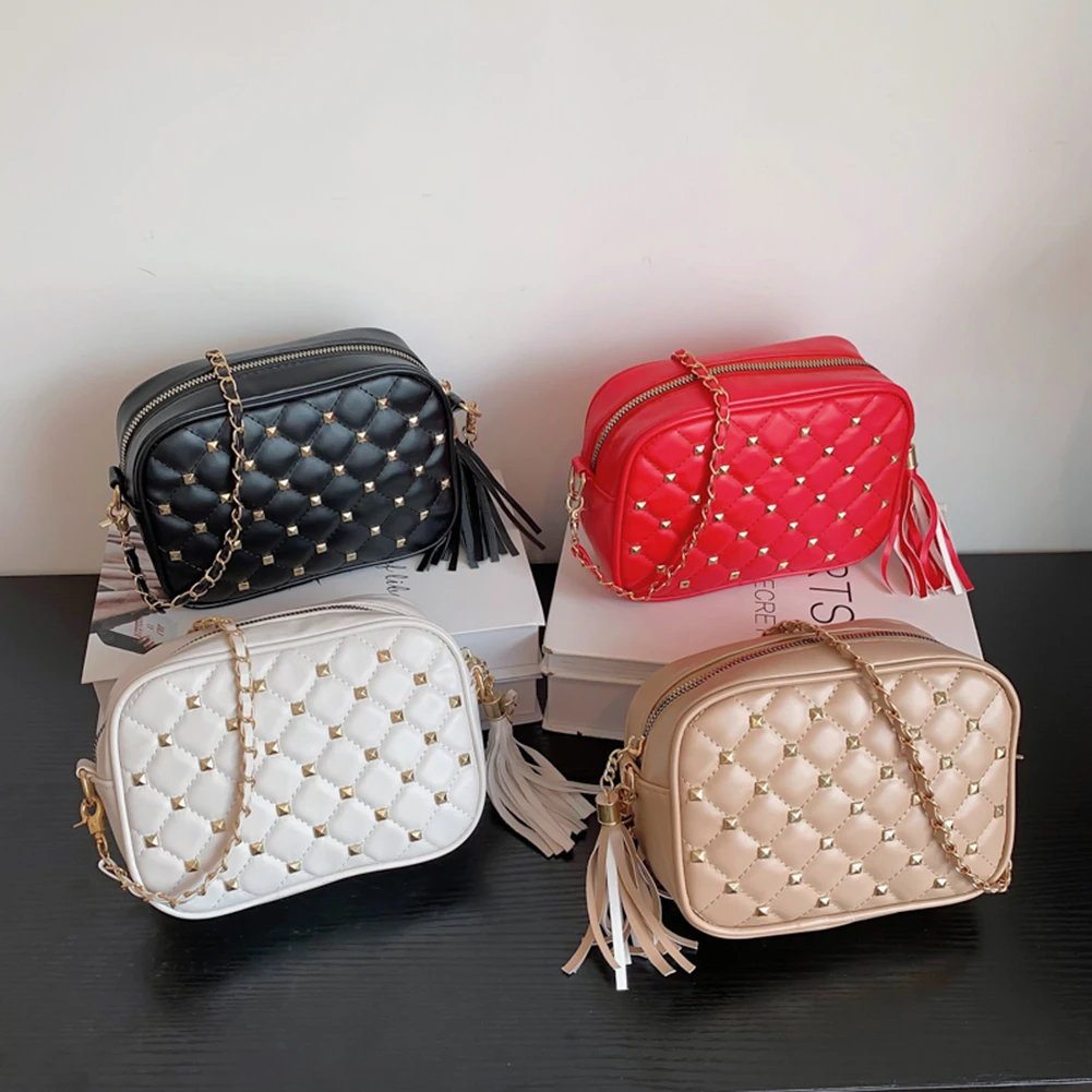 

Модные сумки на плечо, женские сумки через плечо с заклепками, кожаные ранцы, маленькие квадратные кисточки для путешествий, повседневный к...