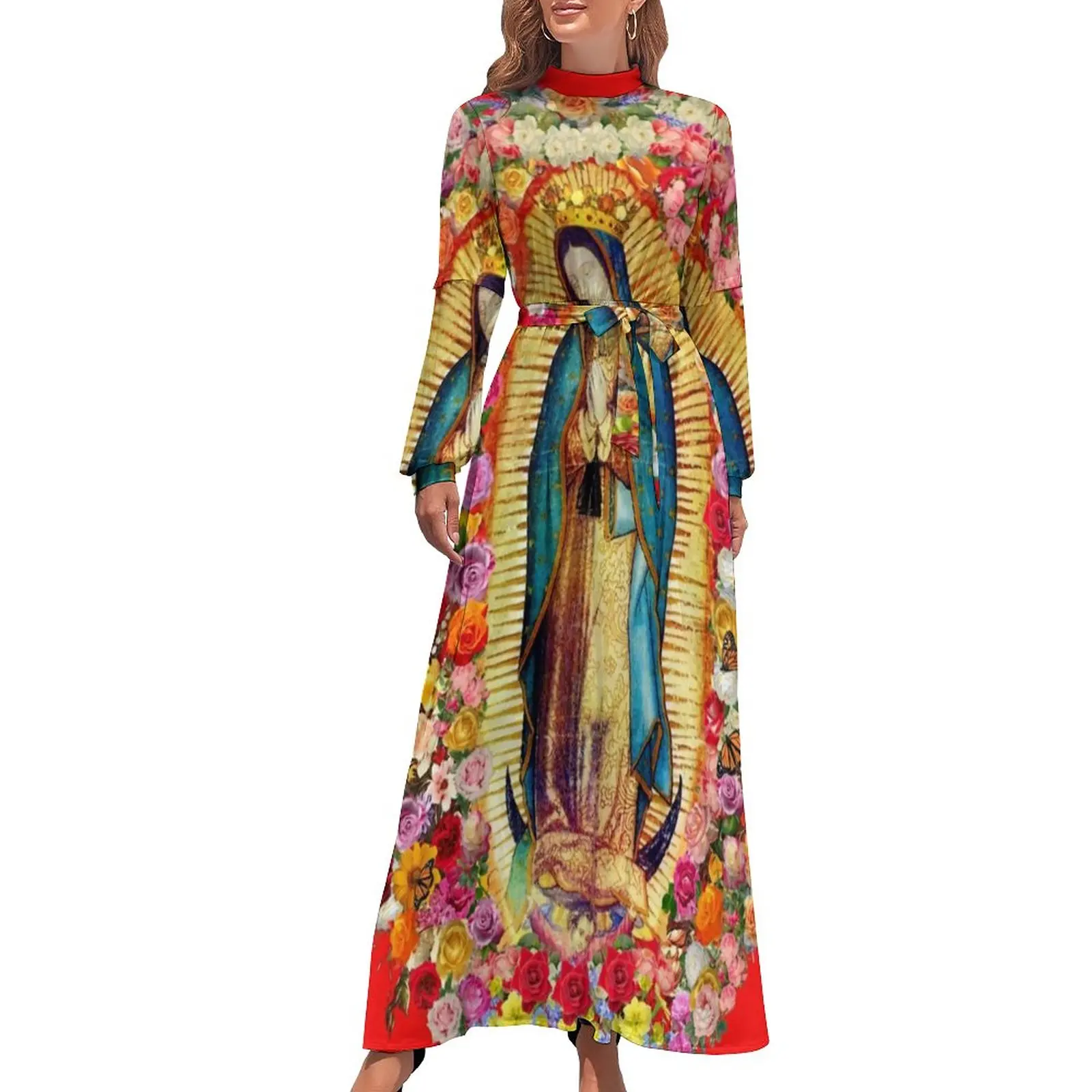 

Платье мексиканская Дева Мария с длинным рукавом, Дева Гвадалупе, сексуальное Макси-платье с высокой талией, эстетичные длинные пляжные платья на заказ, подарок