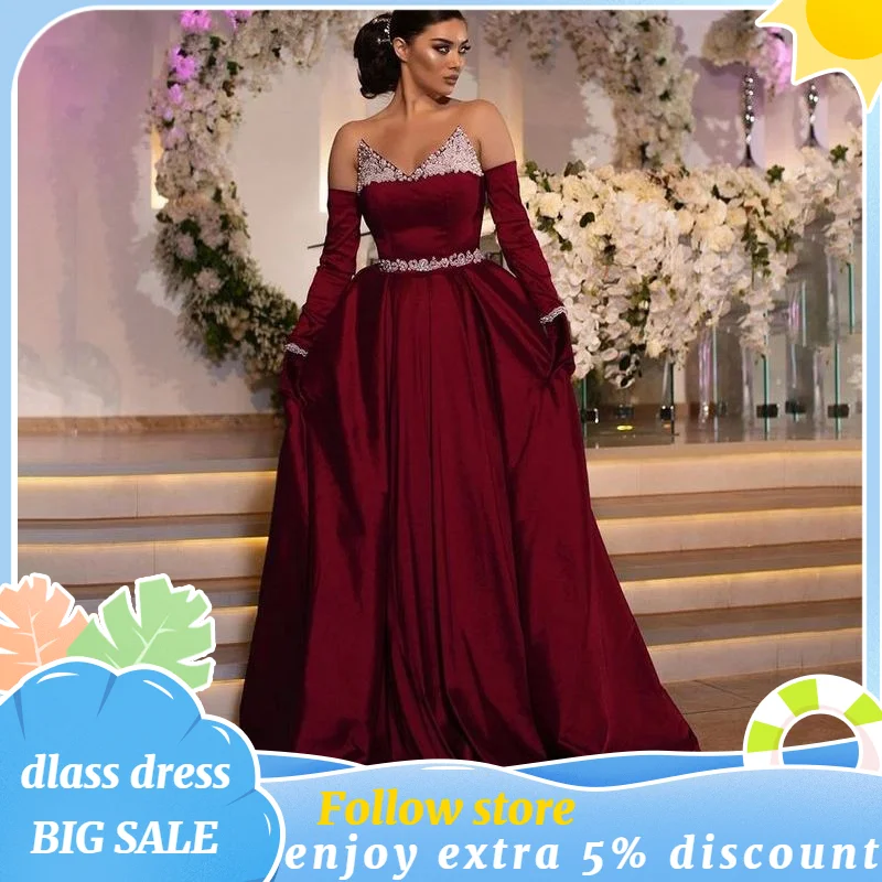 

Dlass Elegant Burgundy A-Line Formal Evening Dresses 2022 Arabic Dubai Appliques Pearls Beaded Prom Party Gowns Robes De Soirée