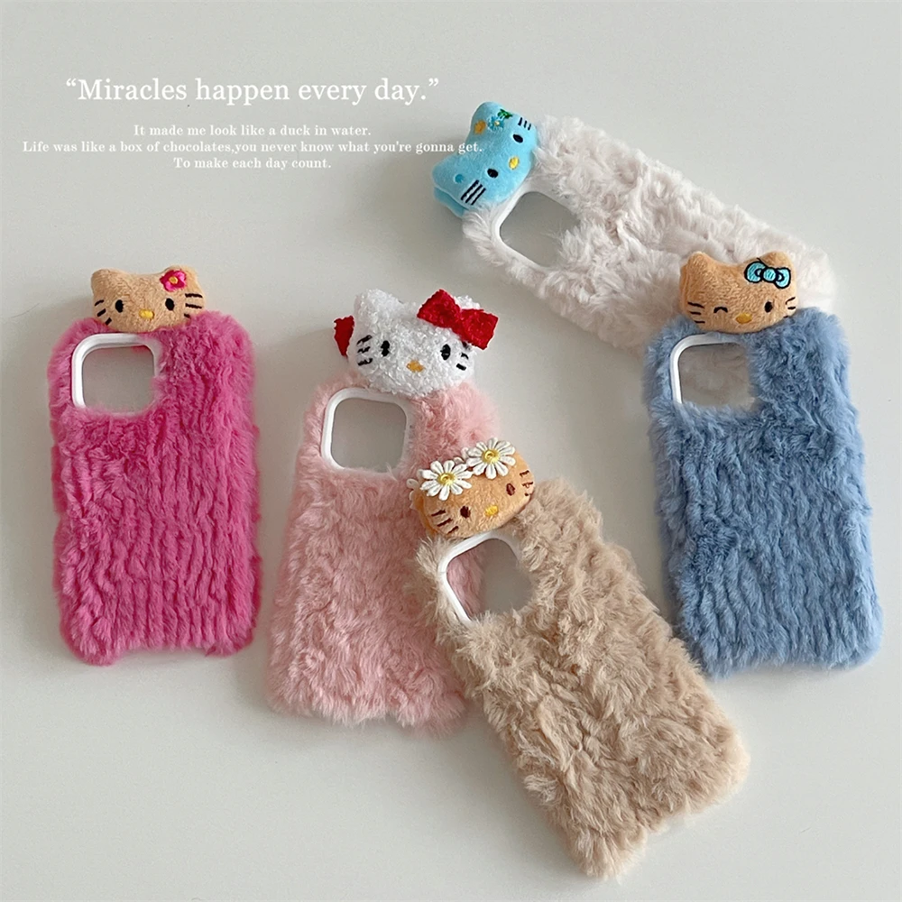 

Ins Cute Winter Sanrio 3D Hello Kitty Plush Phone Case for IPhone 15 14 13 12 11 Pro Max Silicone Anti-fall Back Cover