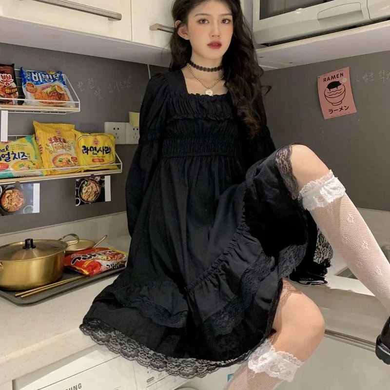 Женское платье с длинным рукавом однотонное черное кружевное плиссированное