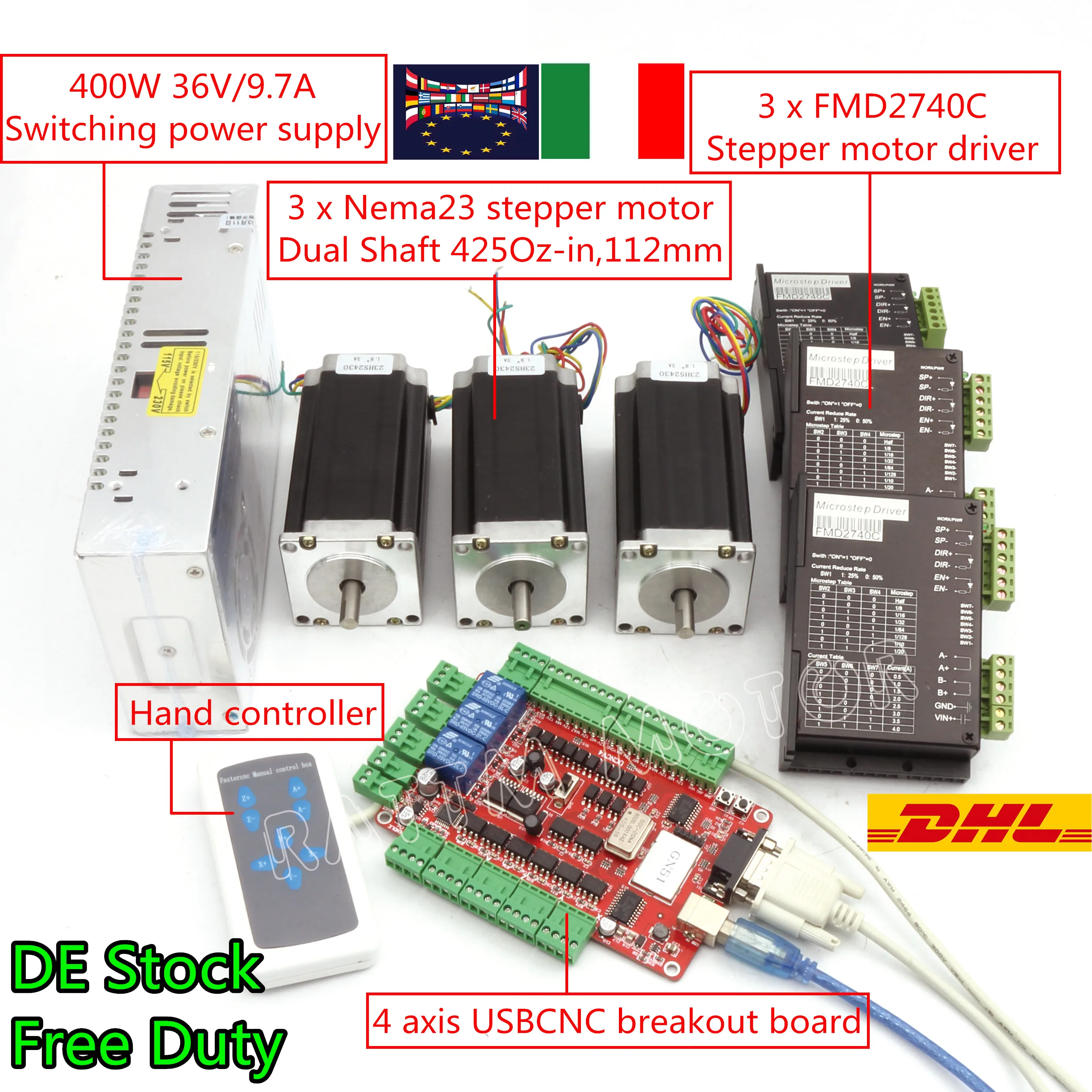 【EU Free】3 Axis USB CNC Software Control Kit Nema23 Stepper Motor 425oz-in 112mm 3A+Driver 40VDC 4A 128 Microstep+ Power Supply